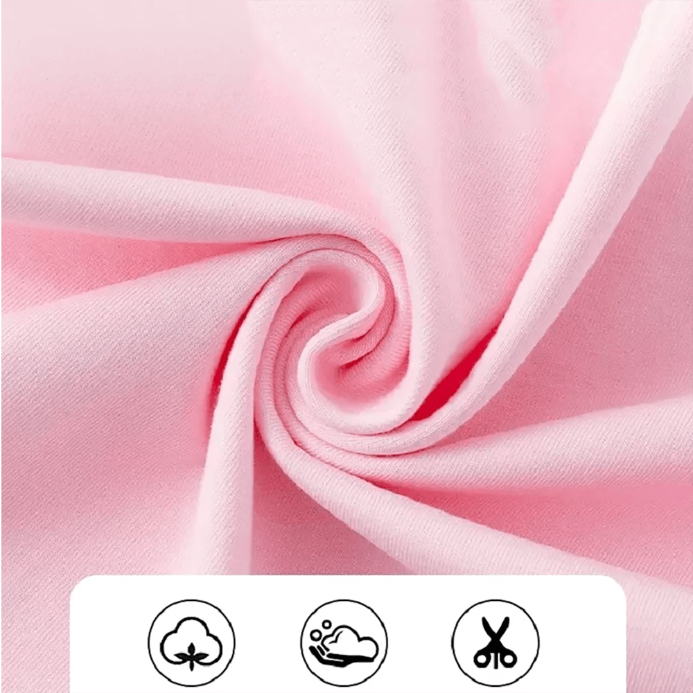 Soft pink cotton fabric swirl with care icons, showcasing its breathable, washable, and versatile qualities for comfortable clothing.