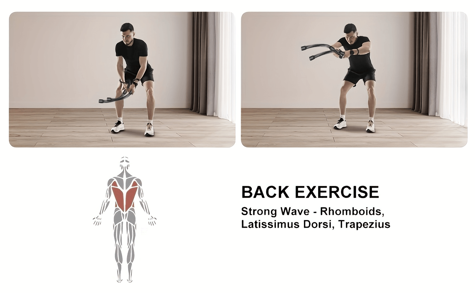 Man performing back exercise with cordless weight-bearing ropes targeting rhomboids, lats, and trapezius