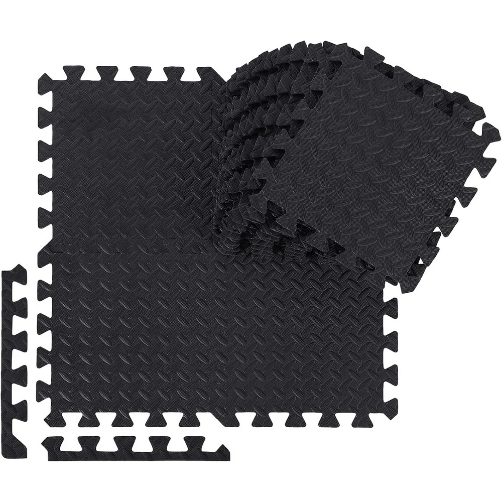 Non-Slip EVA Puzzle Mats for Workout Floors - SF3479, interlocking black foam tiles for gym and home use, creating a stable exercise surface.