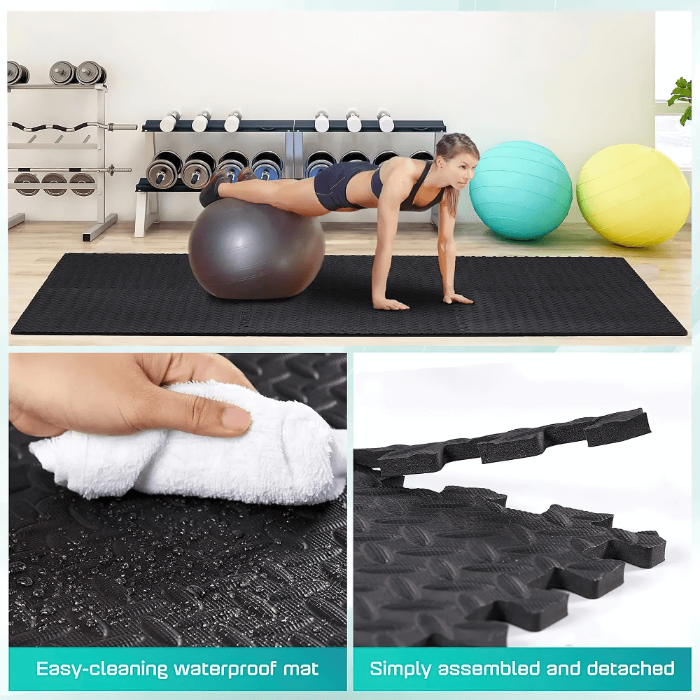 Non-Slip EVA Puzzle Mats for Workout Floors - SF3479 in a gym setting, showcasing waterproof and easy assembly features.