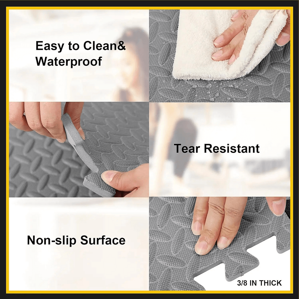 Non-Slip EVA Puzzle Mats for Workout Floors - SF3479, showing easy clean, tear resistance, and non-slip surface features.