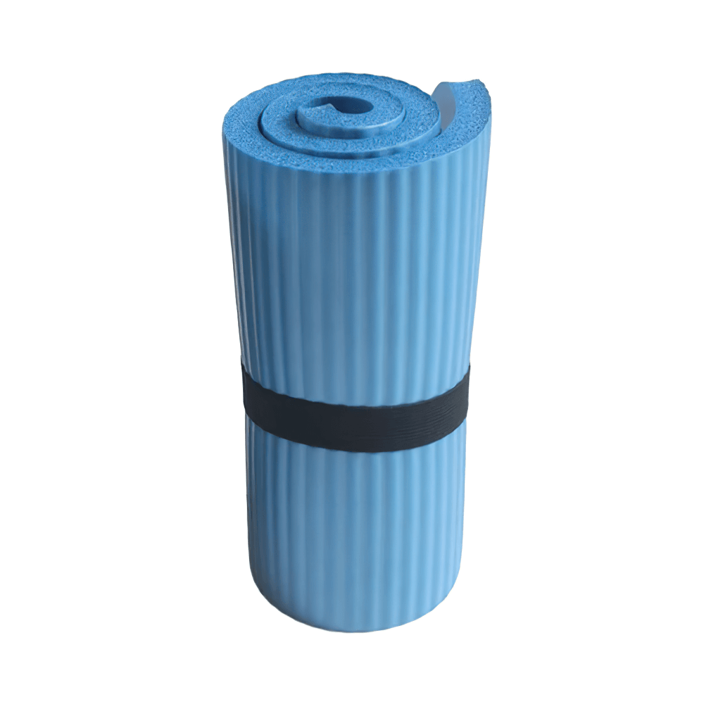 Blue non-slip EVA yoga mat with honeycomb texture and anti-slip stripes, rolled up with a black strap, perfect for workouts.