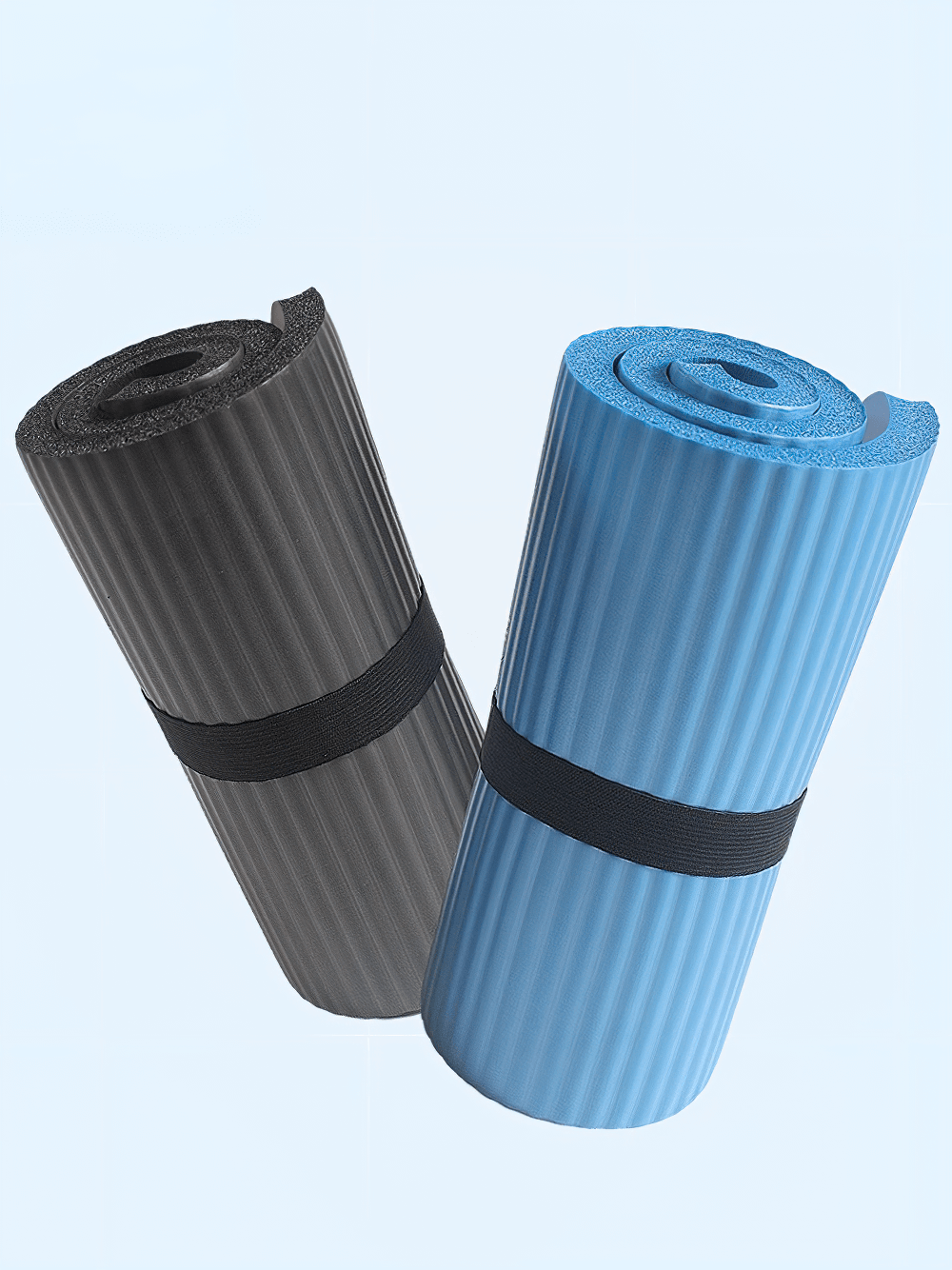 Non-slip EVA yoga mats in black and blue with anti-slip stripes, perfect for secure workouts, home, gym, or travel fitness activities.