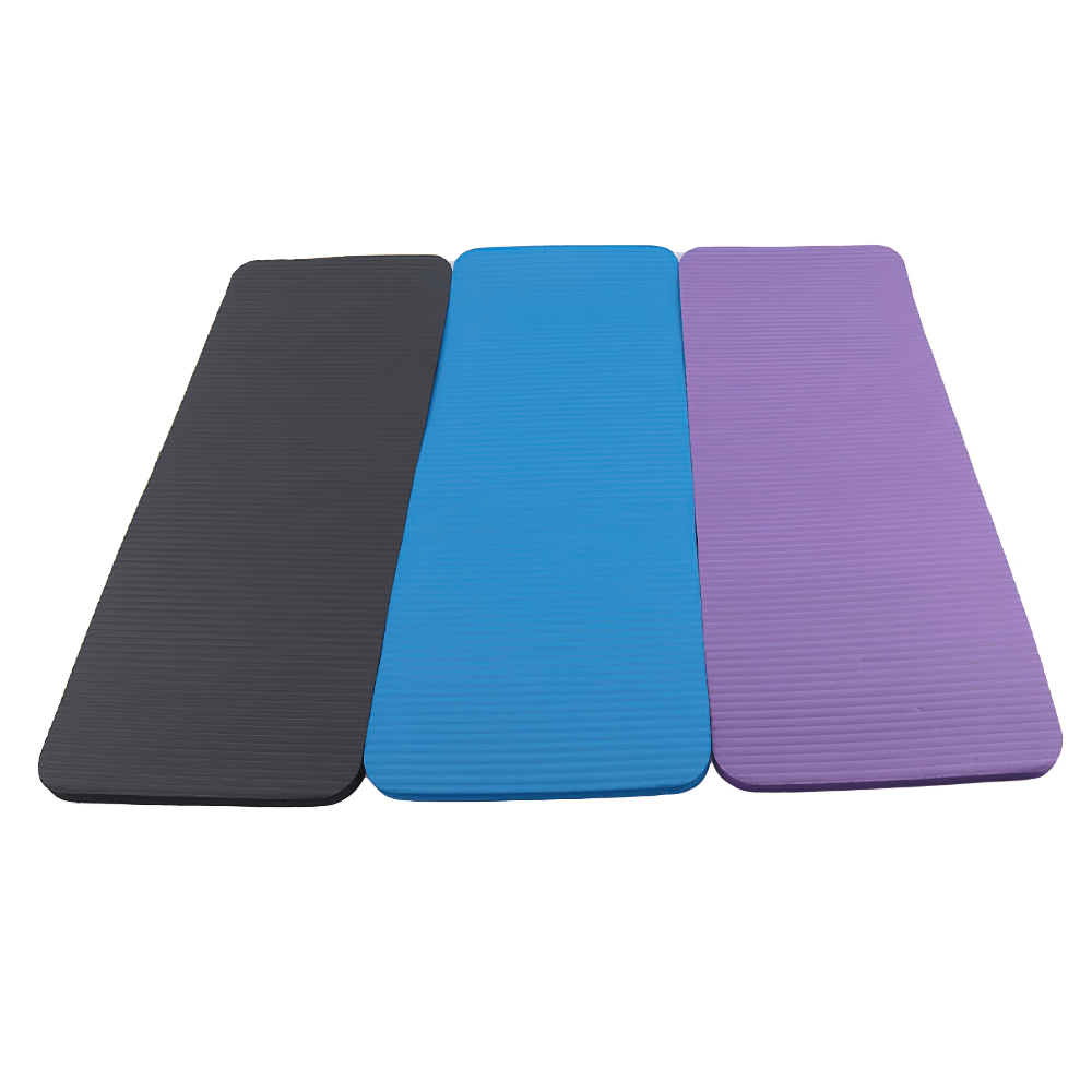 Black, blue, and purple non-slip EVA yoga mats in a row, showcasing honeycomb texture and anti-slip stripes, perfect for workouts.