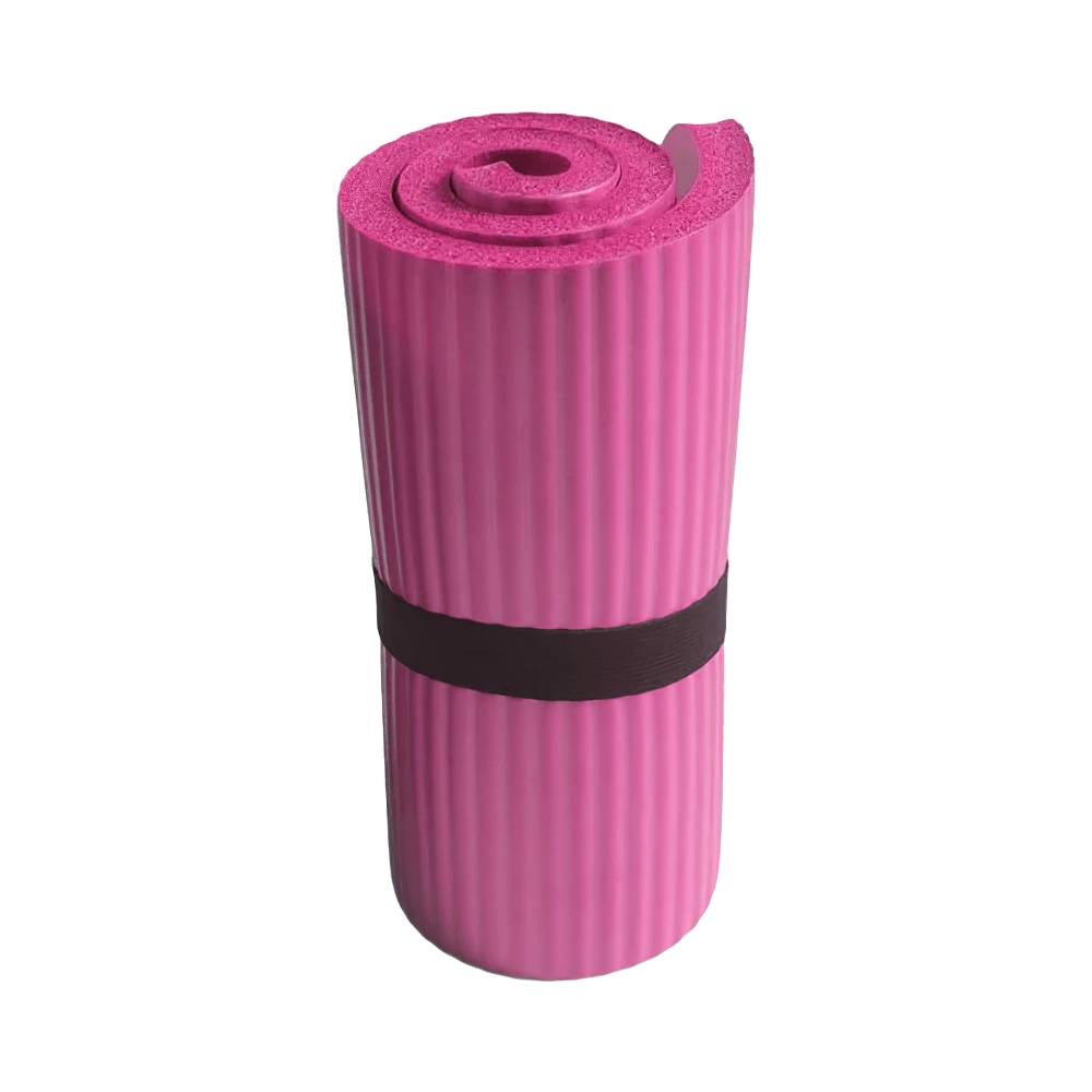 Pink non-slip EVA yoga mat with anti-slip stripes, rolled up for easy transport, ideal for home, gym, or travel workouts.