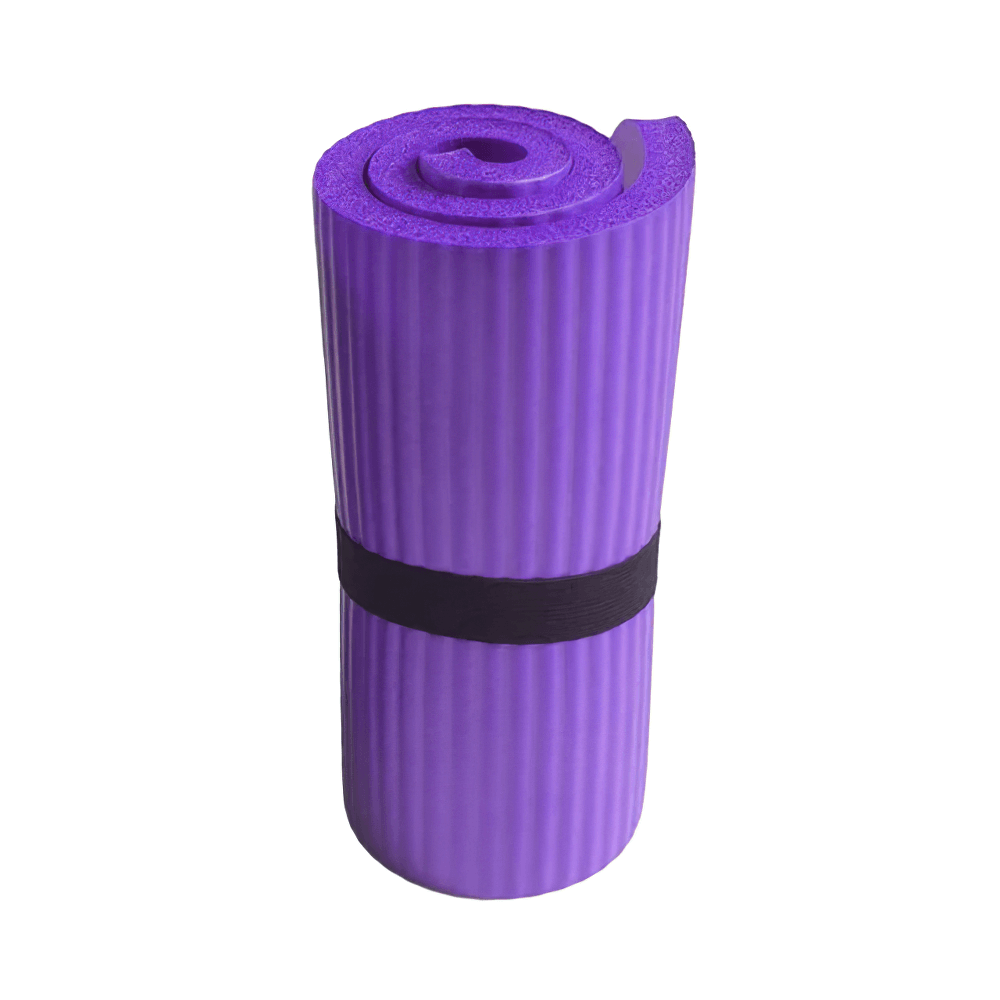 Purple non-slip EVA yoga mat with anti-slip stripes, rolled and secured with a black strap, ideal for fitness and travel.