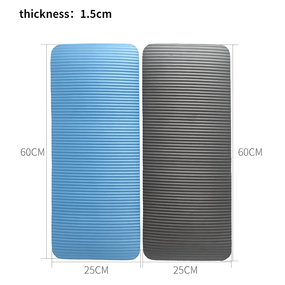 Blue and black non-slip yoga mats with striped texture, 60cm x 25cm, 1.5cm thick, for exercise and fitness at home or gym.