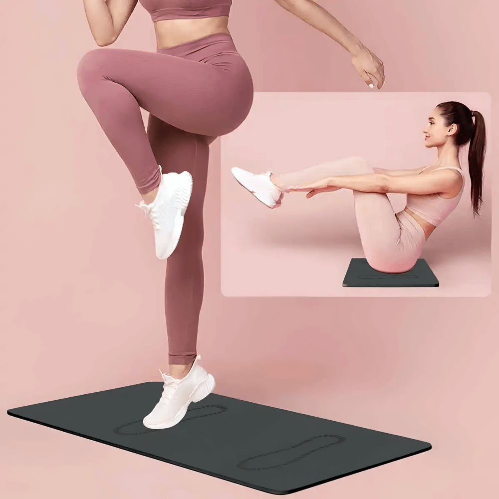 Woman exercising on non-slip fitness mat for yoga, pilates, squats, and core strength in home gym. Durable, sweat-resistant, lightweight.
