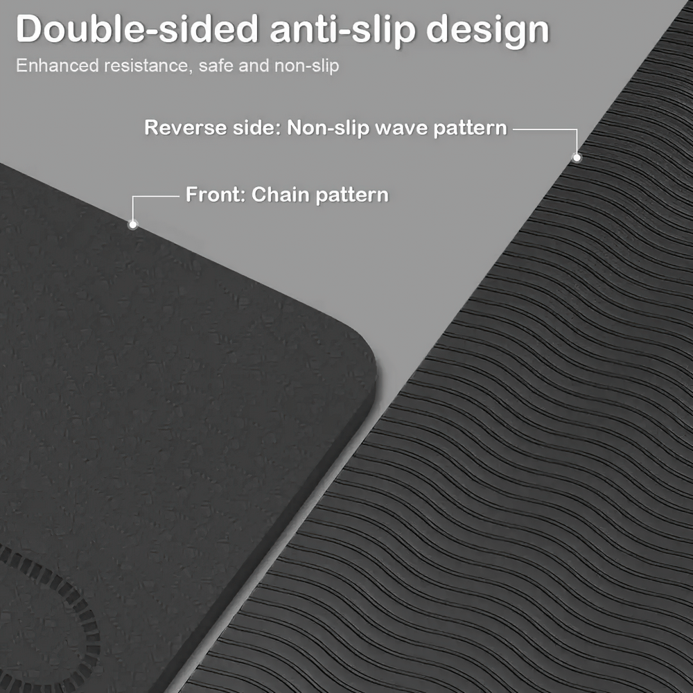 Close-up of double-sided non-slip fitness mat with chain and wave patterns for enhanced stability in workouts.