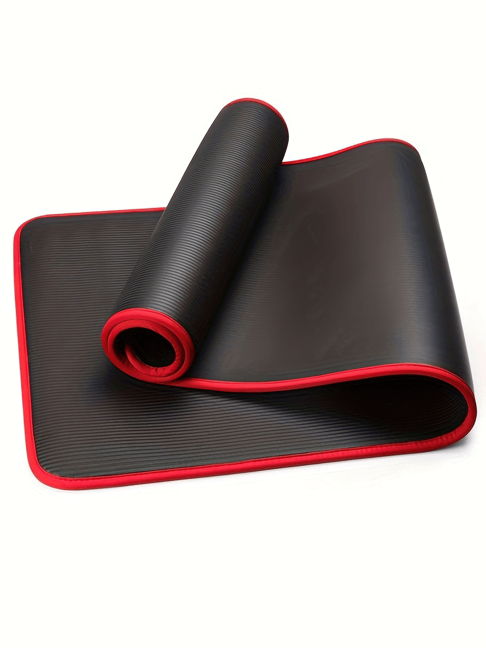 Non-slip NBR yoga mat in black with red edges, rolled for easy transport, perfect for yoga and fitness workouts. Thick and wear-resistant.