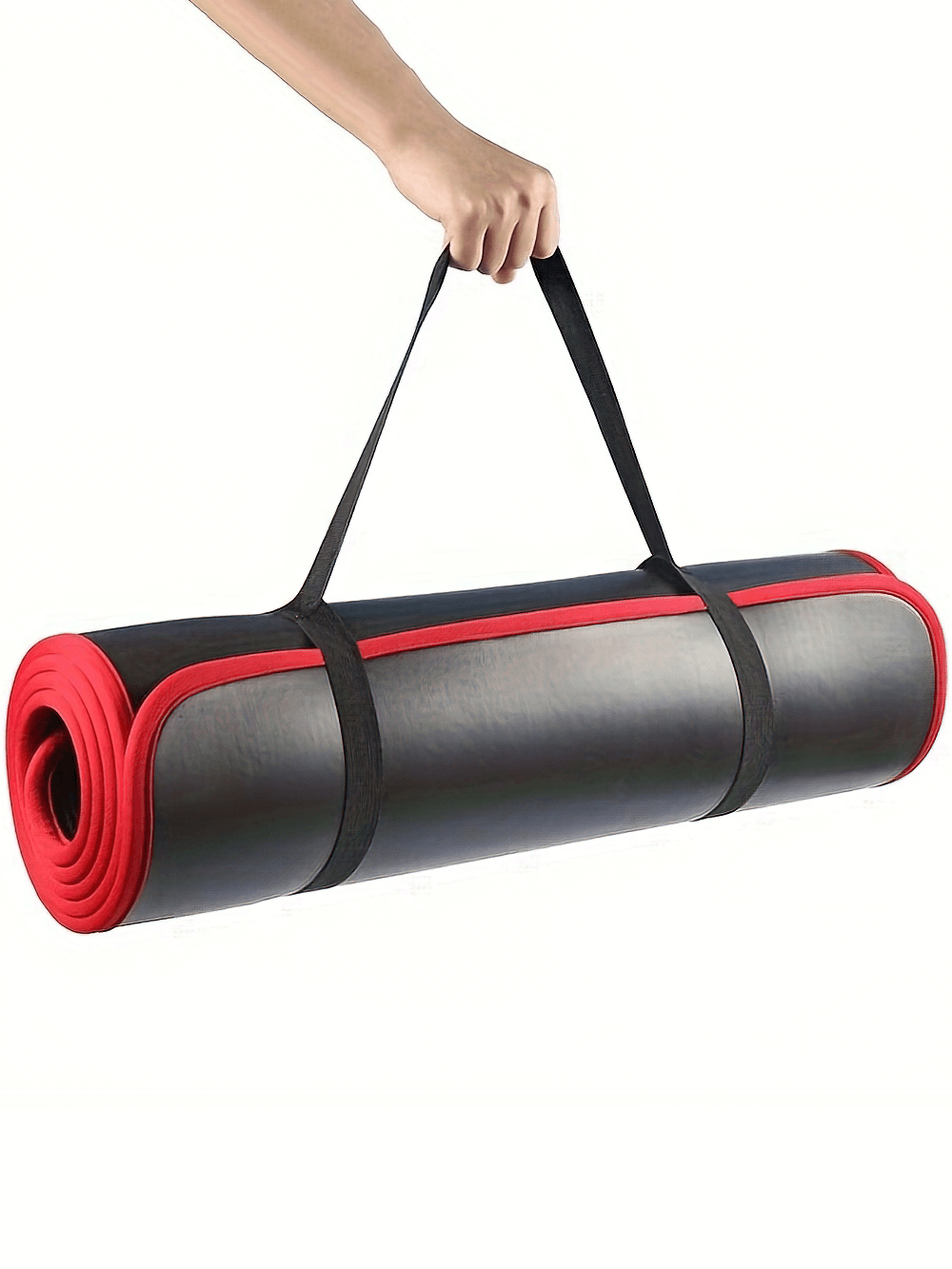 Person holding non-slip NBR yoga mat with strap, featuring a thick, black and red design. Ideal for workouts, yoga, and Pilates.