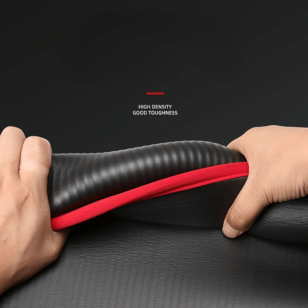 Hands demonstrating flexibility and high-density texture of a non-slip NBR yoga mat with red trim.