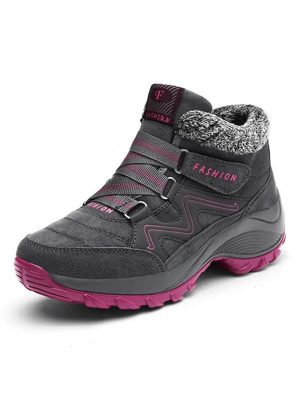 Women's non-slip outdoor hiking boots in gray and pink, featuring hook & loop closure and plush lining for comfort and traction, model SF1623.