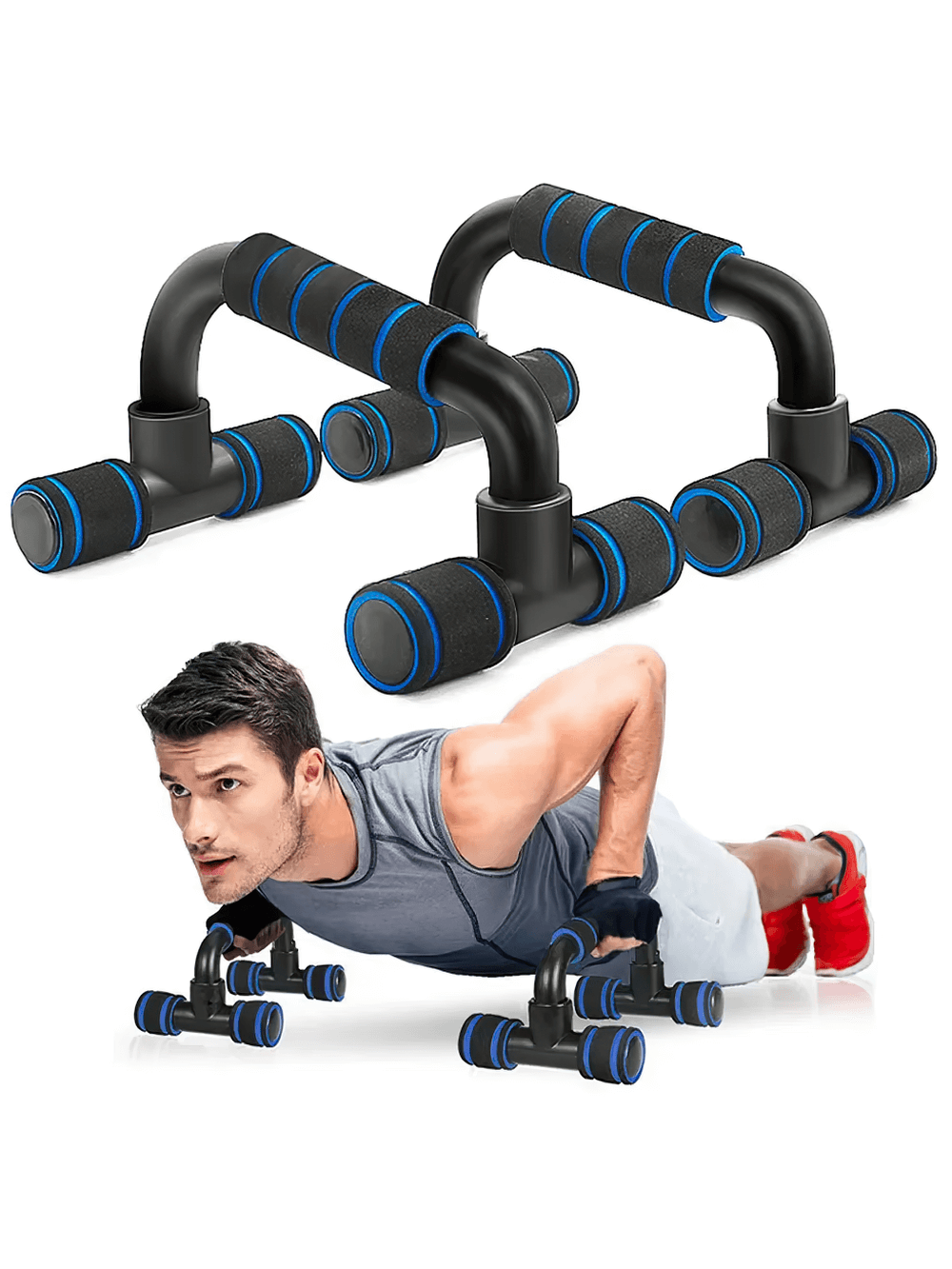 Non-slip push-up bars SF3405 with foam handles and feet, shown in use; perfect for enhancing chest, triceps, shoulders workout.