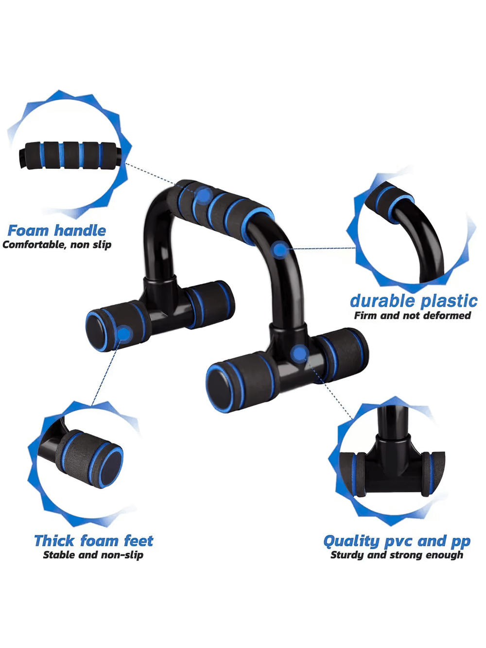 Push-up bars with non-slip foam handles and feet, made of durable PVC/PP, perfect for enhancing strength and stability during workouts.