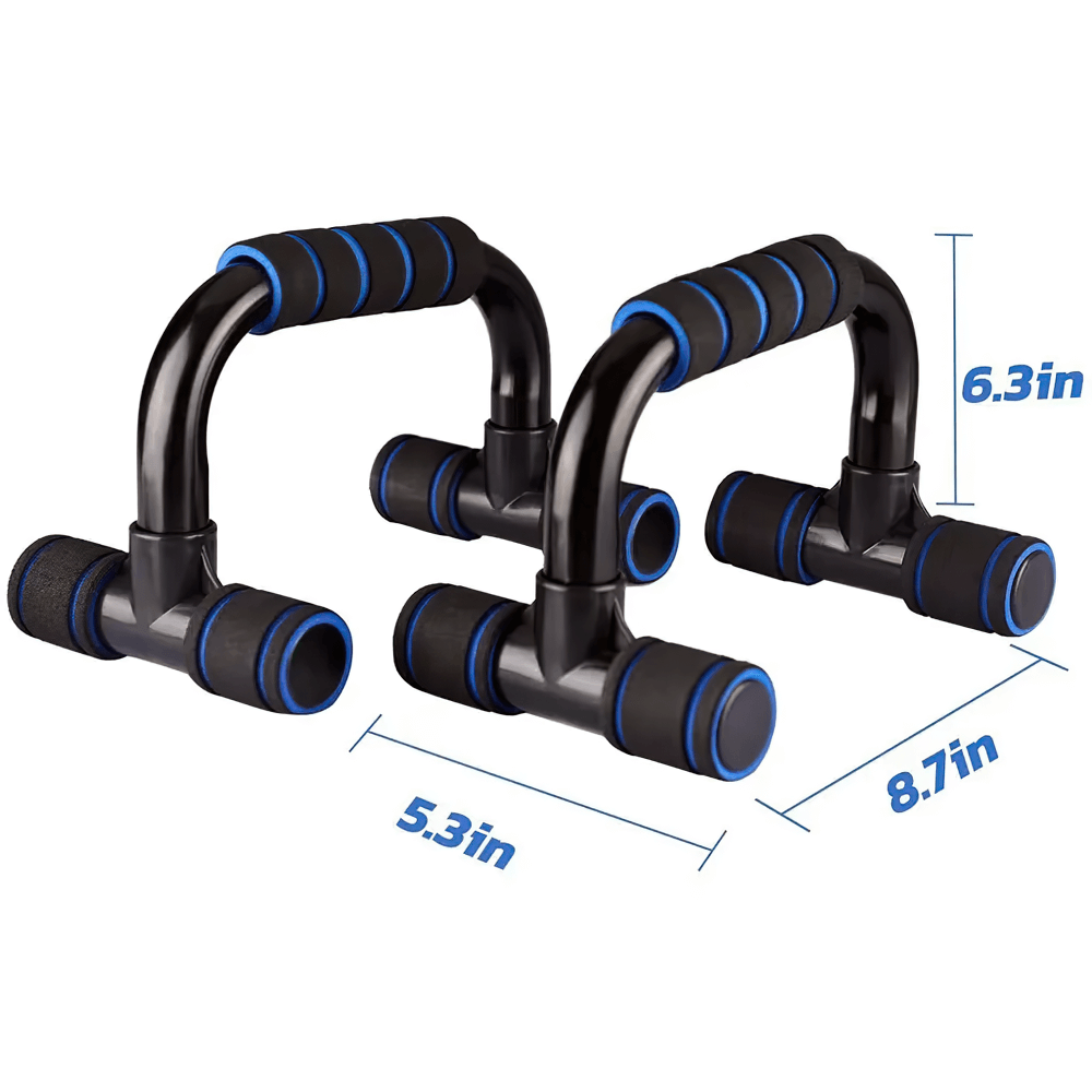 Non-slip push-up bars with foam handles and stability feet, dimensions shown, ideal for chest, triceps, and core workouts.