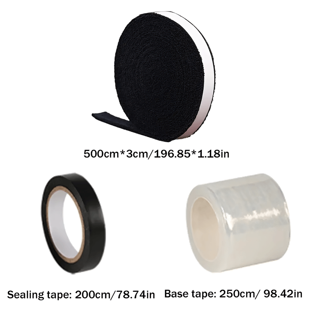 Non-Slip Racket Grip Tape for Tennis and Badminton - SF3446, black towel grip over 196.85 inches, with sealing and base tape options.