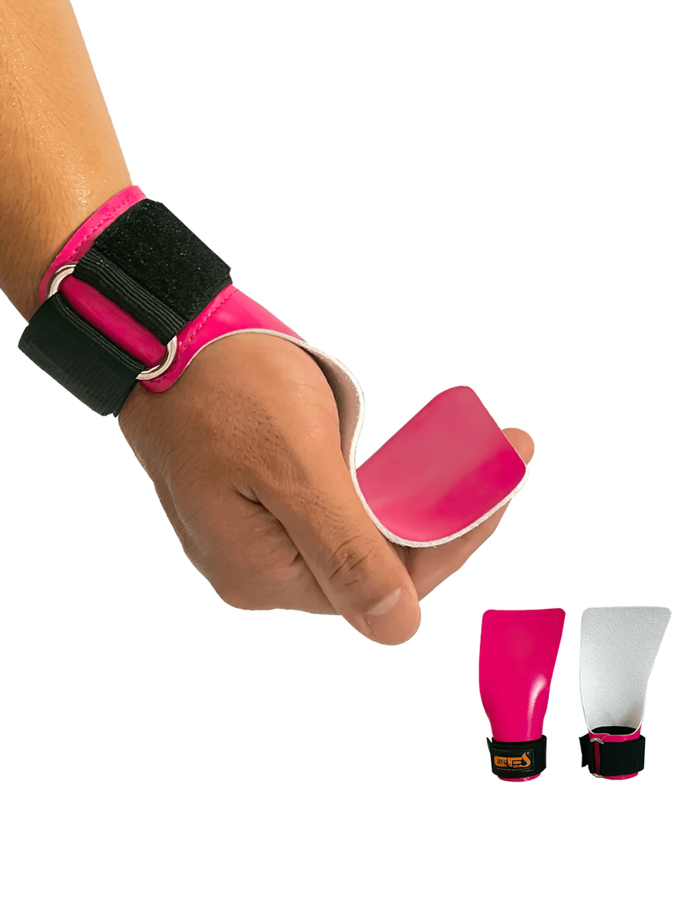 Non-Slip Rubber Weight Lifting Grips for Gym Training - SF3502 in pink, showing durable non-slip surface and wrist strap.