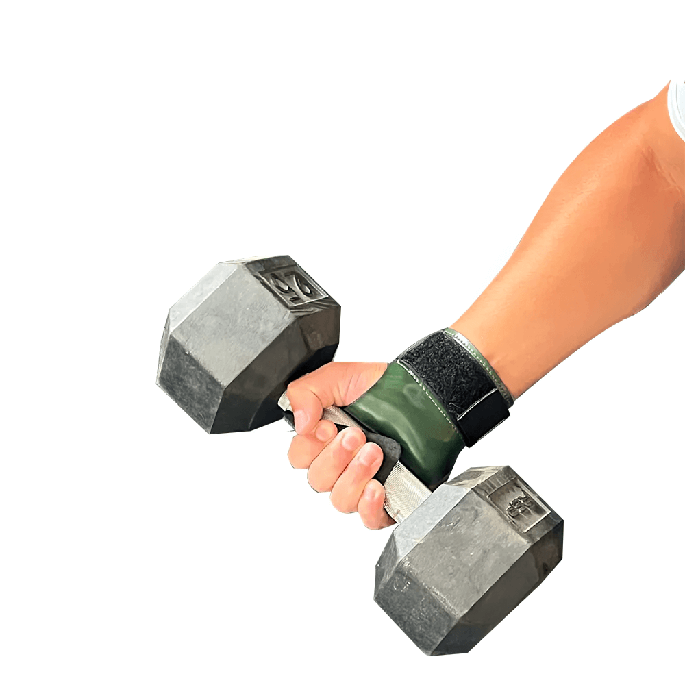 Non-Slip Rubber Weight Lifting Grips for Gym Training - SF3502 in action with adjustable wrist strap holding a dumbbell.