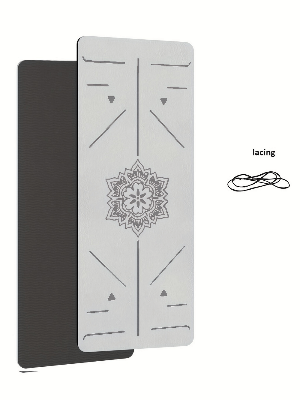 Non-slip TPE yoga mat with alignment lines and mandala design, shown in gray and black layers, ideal for home and gym workouts.