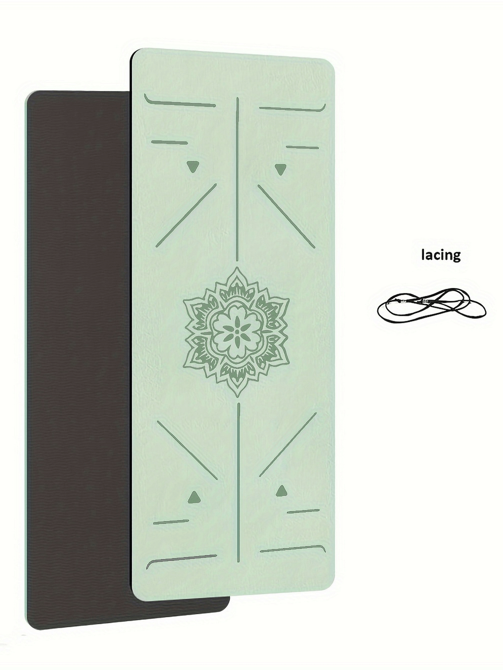 Green non-slip TPE yoga mat with alignment lines for precise posture, featuring a mandala design and dual-layer grip. Includes lacing.