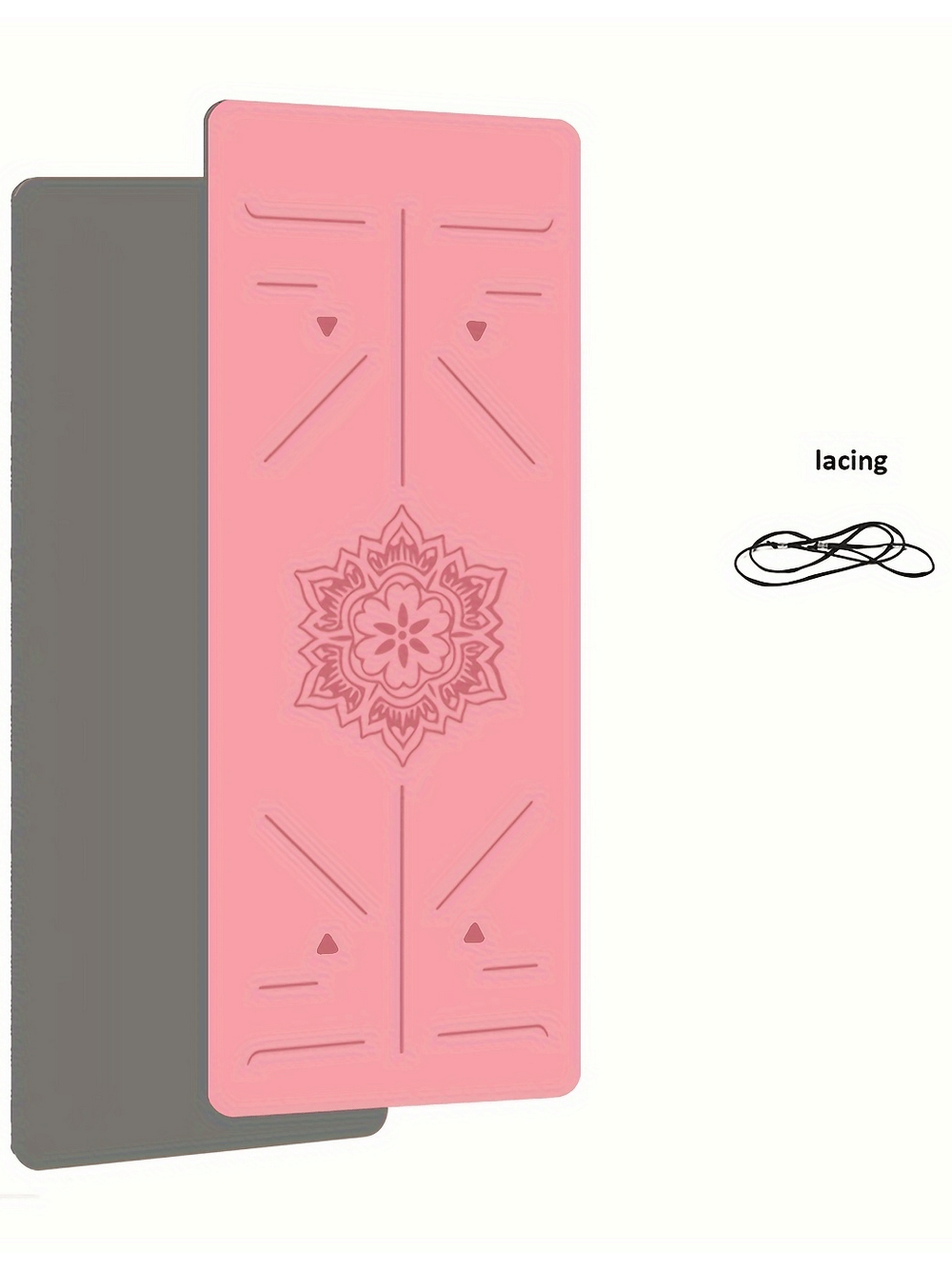 Pink non-slip TPE yoga mat with alignment lines and floral design for stability in exercise, includes lacing for easy transport.