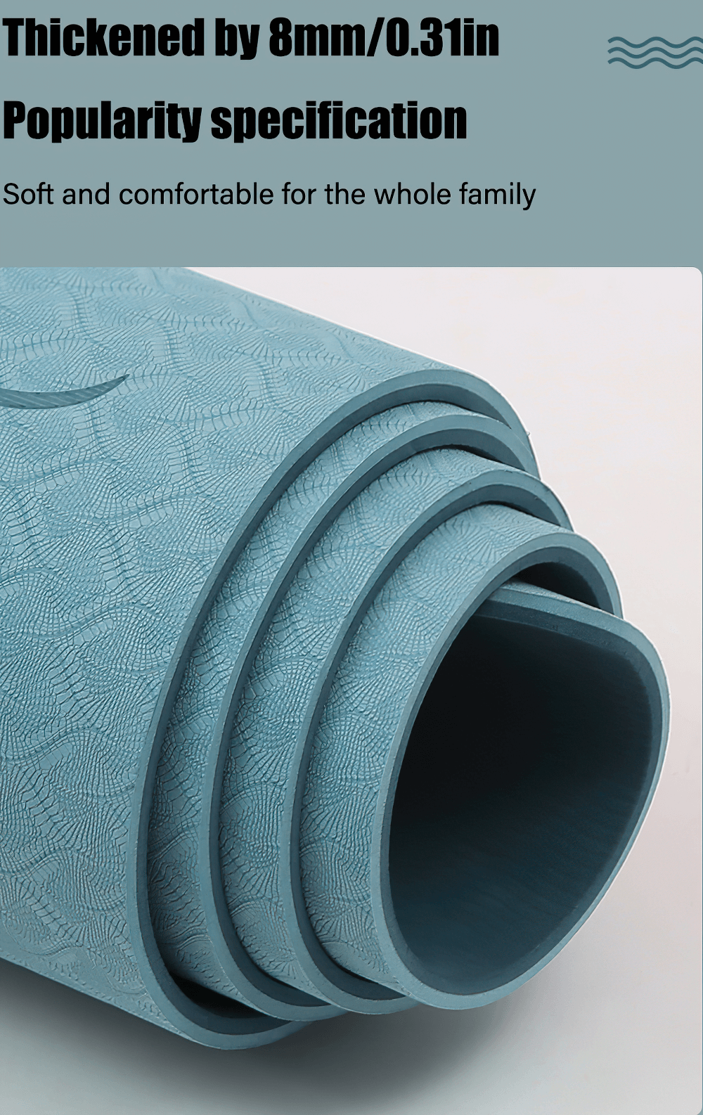 Close-up of a thick, non-slip blue yoga mat rolled up, showing texture and thickness, ideal for family workouts.