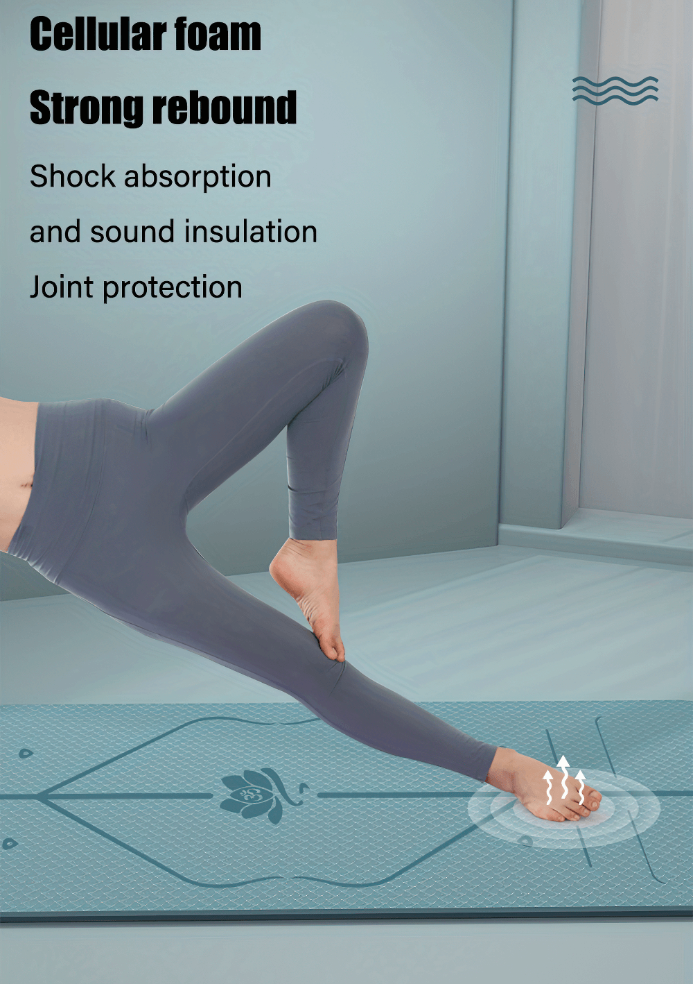 Person practicing yoga on non-slip TPE yoga mat with asana guide line and foam for shock absorption, displayed in serene room setting.