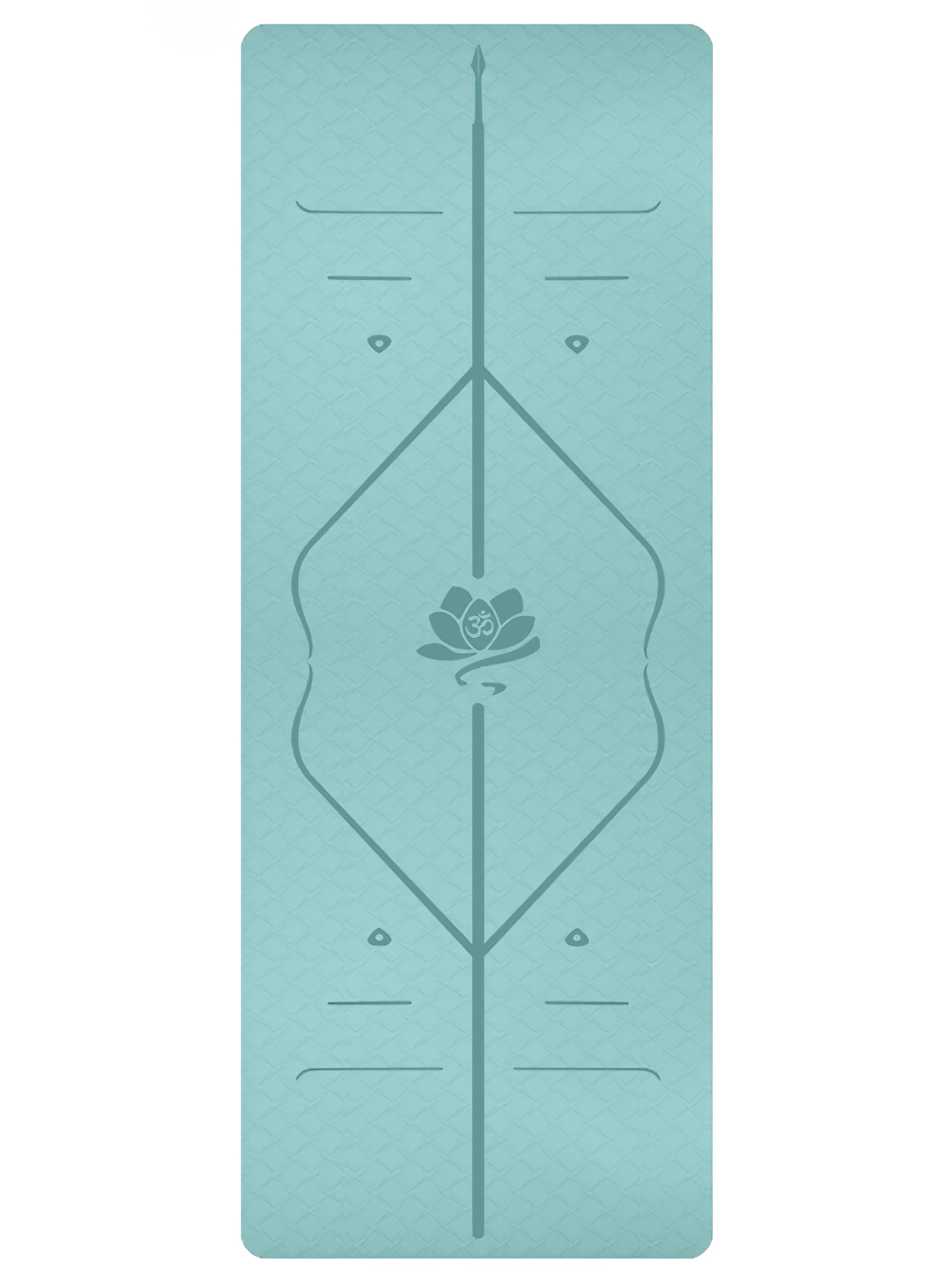 Teal non-slip TPE yoga mat with asana guide line for alignment, perfect for home workouts and exercises like pilates and strength training.