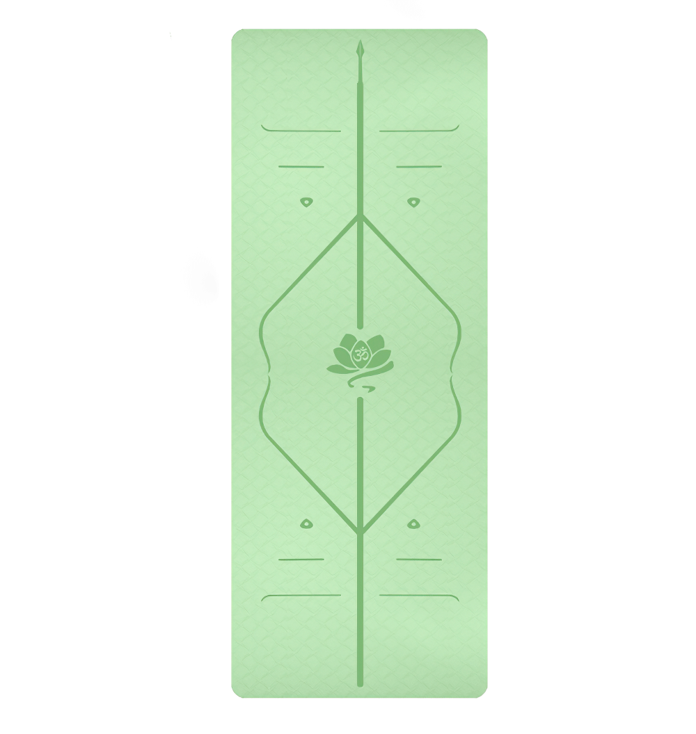 Green non-slip TPE yoga mat with asana guide line for perfect alignment, eco-friendly fitness mat SF2887 ideal for home workouts.