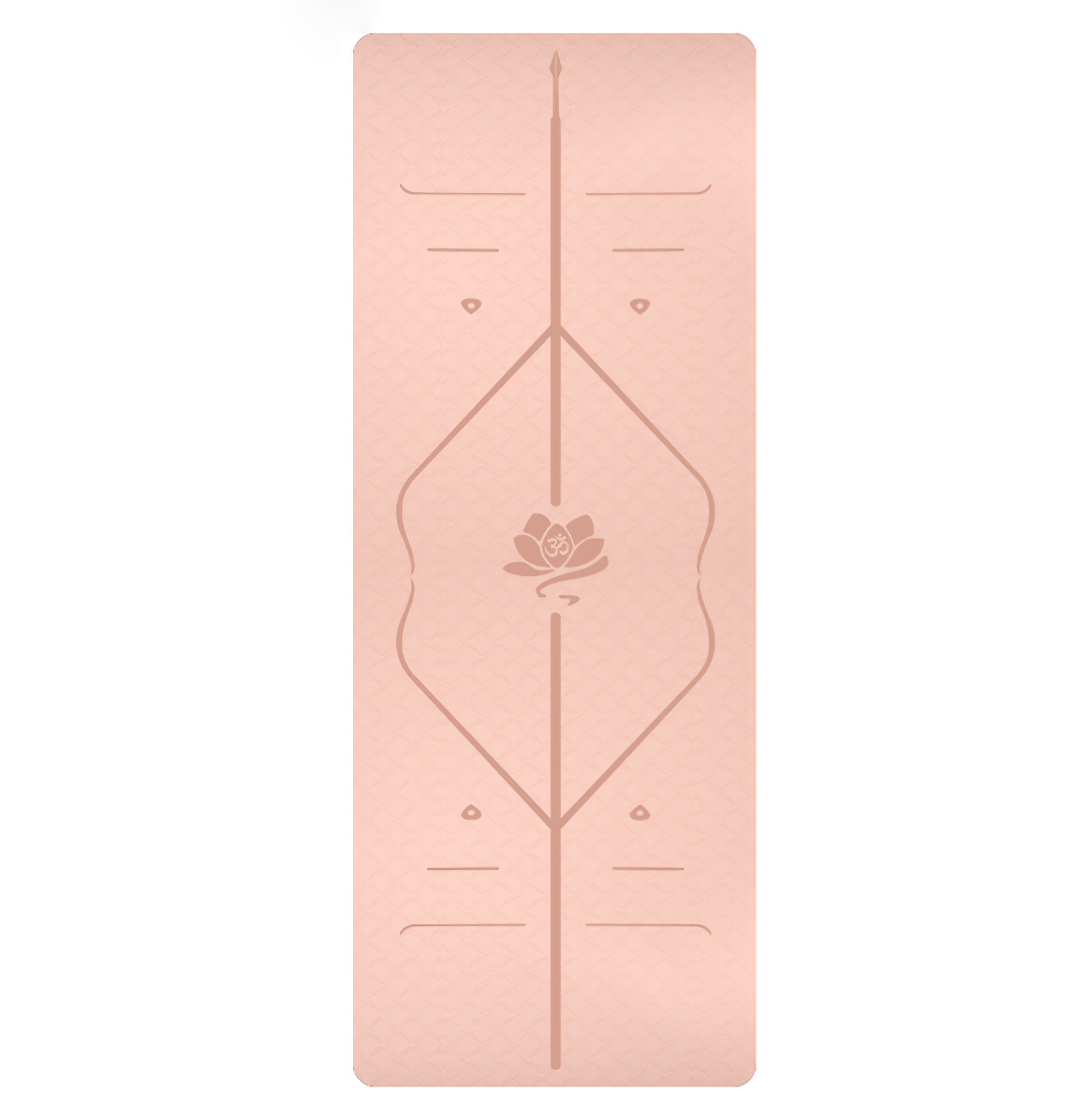 Peach non-slip TPE yoga mat with asana guide line for perfect alignment, ideal for home workouts, pilates, and strength training.