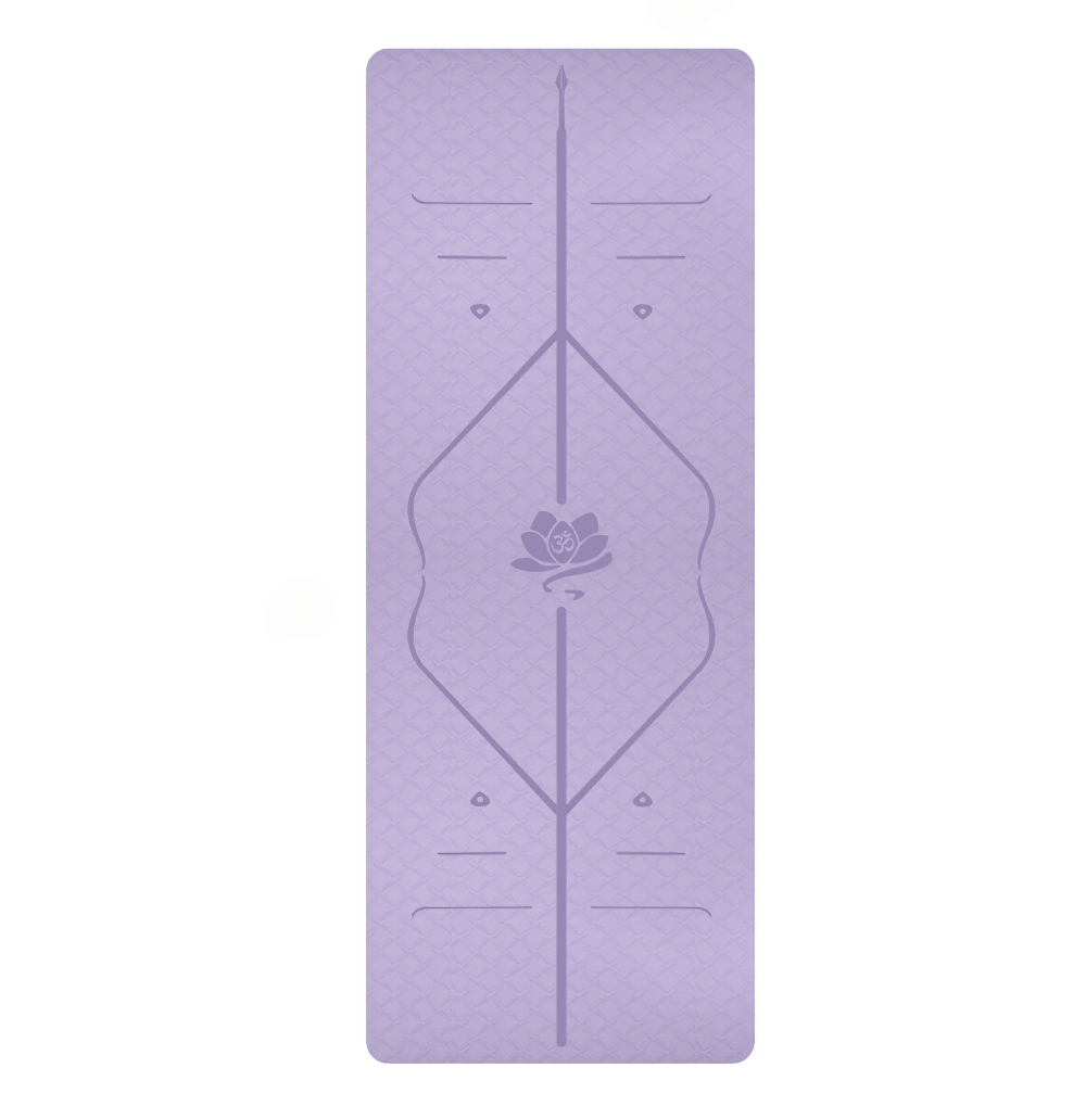 Purple non-slip TPE yoga mat with asana guide line for perfect alignment during workouts.