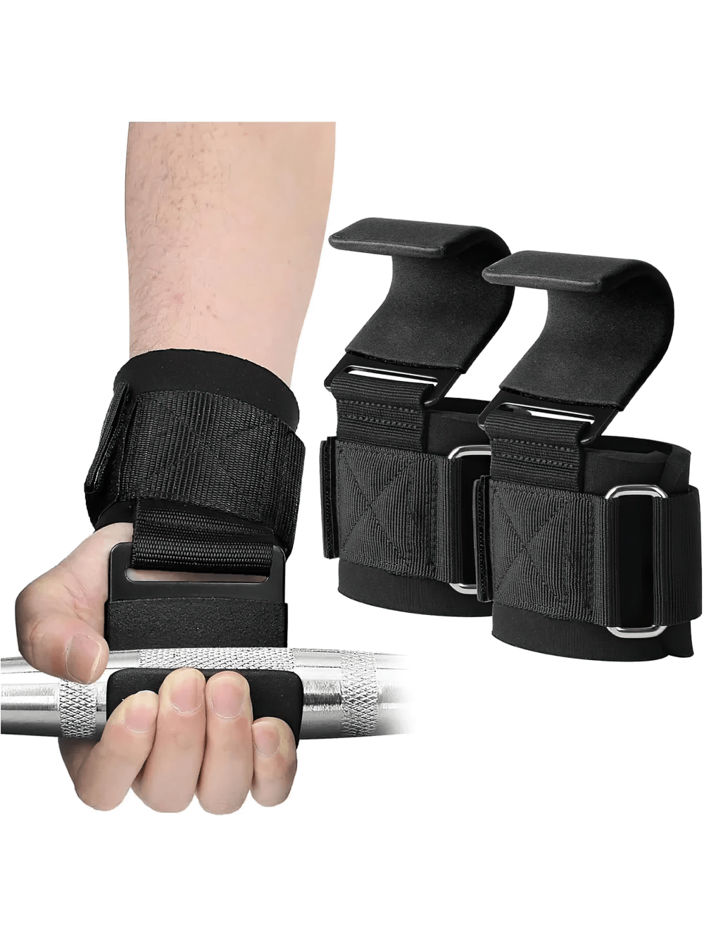 Non-Slip Weight Lifting Hook Hand Grips - SF3546 gripping a bar with adjustable leather straps for secure support during workouts.