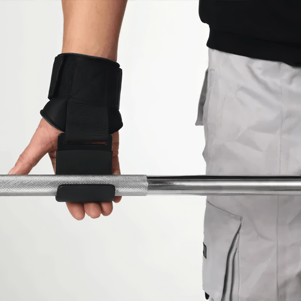 Individual using Non-Slip Weight Lifting Hook Hand Grips - SF3546 during strength training session with barbell.