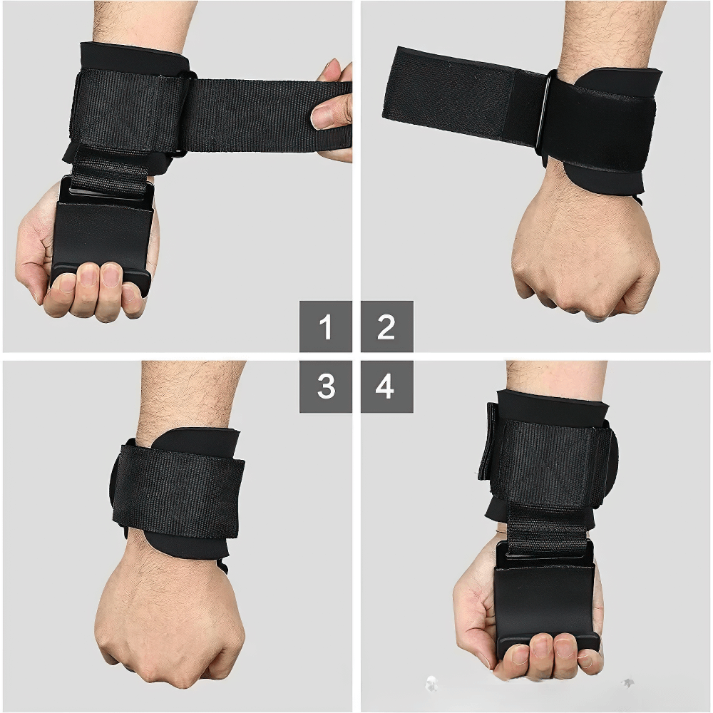 Non-Slip Weight Lifting Hook Hand Grips - SF3546 demonstrating firm grip and wrist support in different angles.