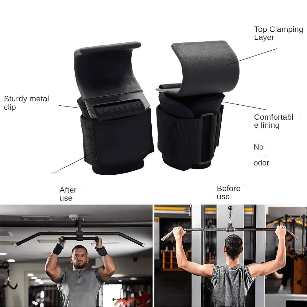 Athletes using Non-Slip Weight Lifting Hook Hand Grips - SF3546 for pull-ups, featuring sturdy straps, durable design, and non-slip functionality.