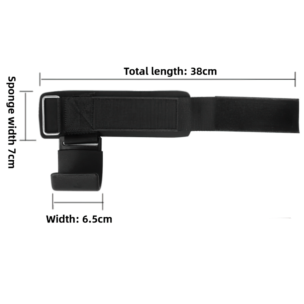 Non-Slip Weight Lifting Hook Hand Grips - SF3546 with adjustable straps and durable leather shown in dimensions for pull-ups and deadlifts.