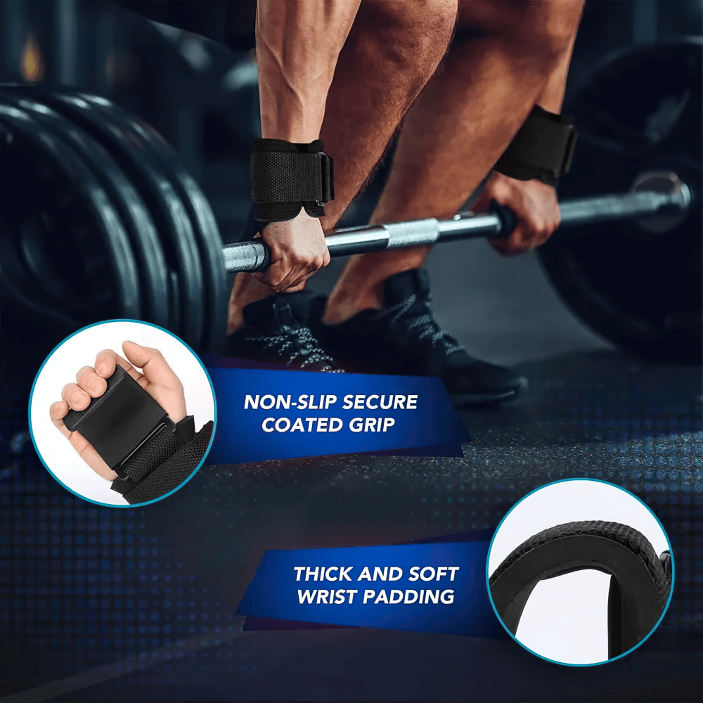 Man using Non-Slip Weight Lifting Hook Hand Grips - SF3546 during deadlift with secure grip and thick wrist padding for support.