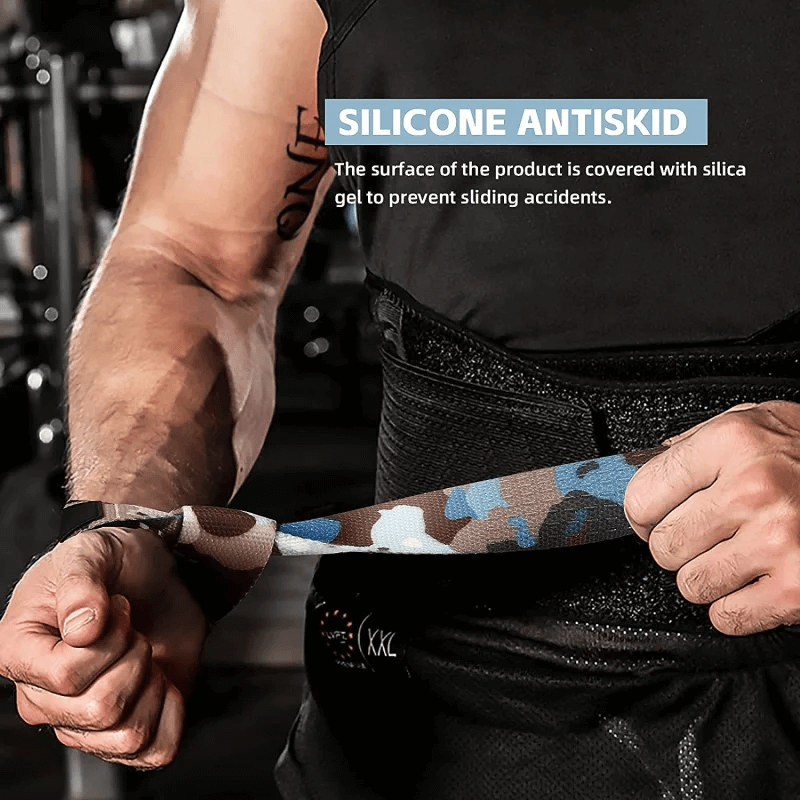 Man using non-slip weightlifting wrist straps with silicone grip for gym training.