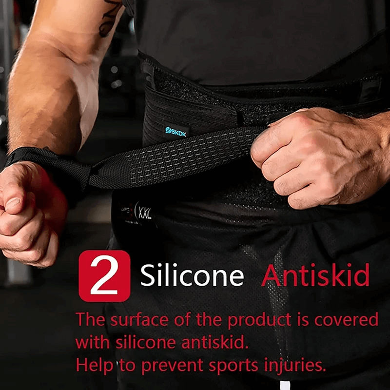 Weightlifting wrist strap with silicone antiskid for enhanced grip and injury prevention shown in use by a fitness enthusiast at the gym.