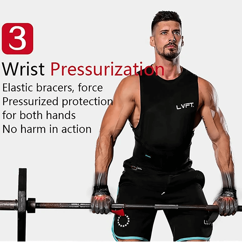 Man using wrist pressurization straps while weightlifting for optimal support and protection during heavy lifts.