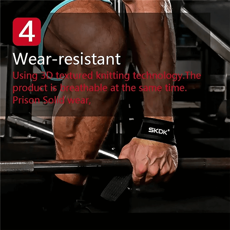 Close-up of a person using wear-resistant wrist straps during weightlifting, showcasing muscle support and grip.