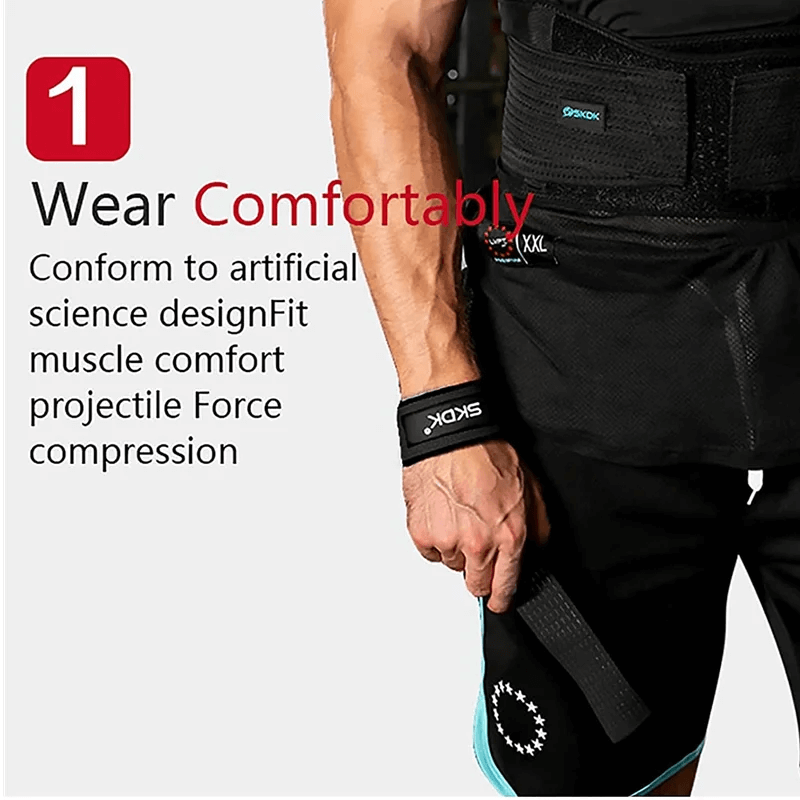 Man wearing SIKX wrist support straps for comfort and protection during heavy weightlifting, highlighting artificial science design fit.