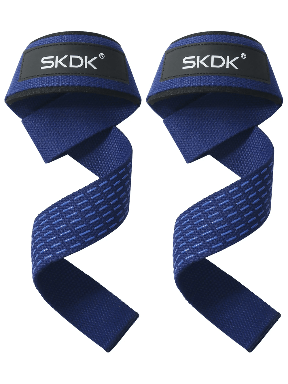 Blue non-slip weightlifting wrist straps with SKDK logo, designed for superior grip and wrist support during heavy lifts, perfect for athletes.