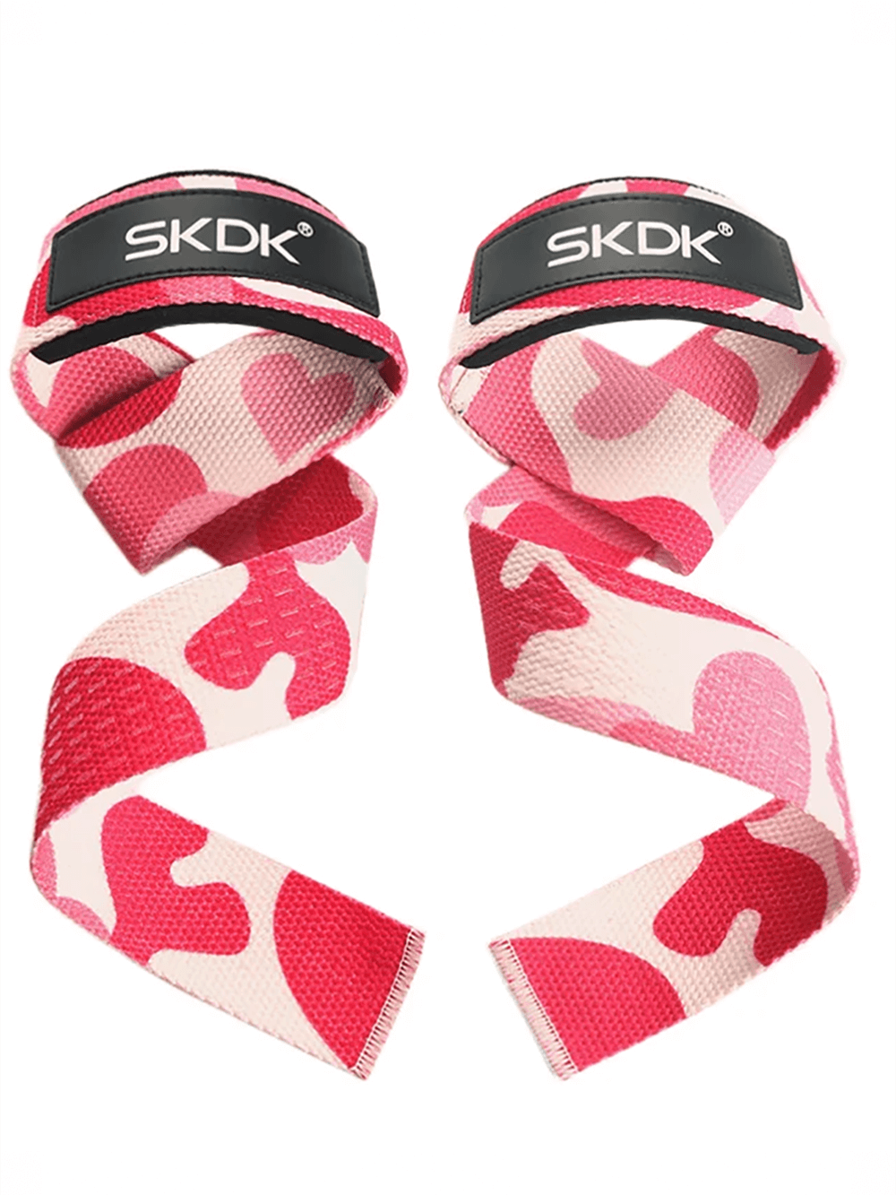 Pink camo non-slip weightlifting wrist straps for gym training and support.