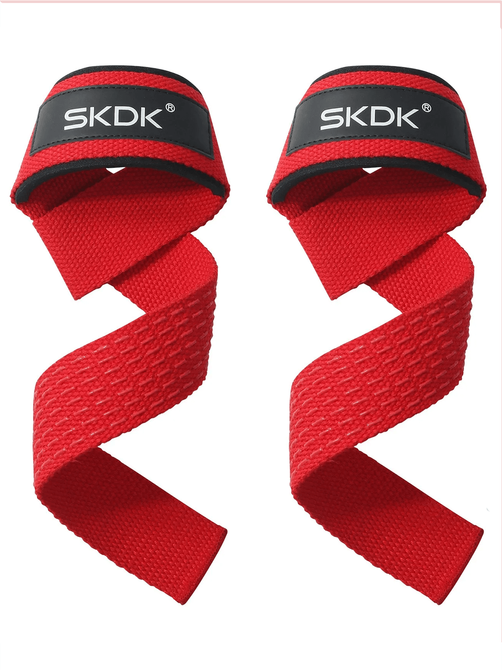 Red non-slip weightlifting wrist straps for gym training, enhancing grip and support. Perfect for strength exercises and heavy lifts.