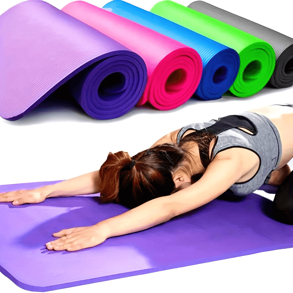 Woman stretching on a purple non-slip yoga mat, showcasing its use for Pilates and home workouts, with colorful mats in the background.