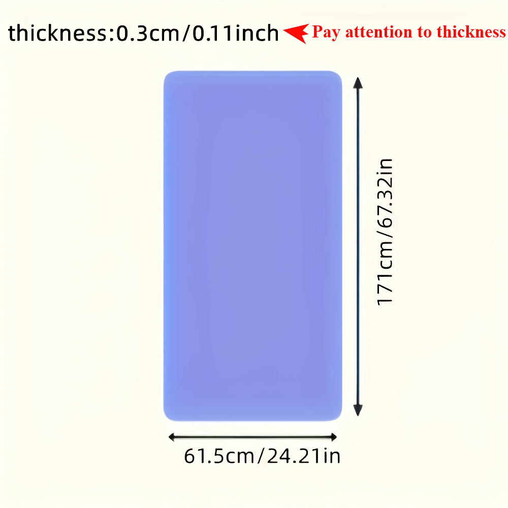 Blue yoga mat with dimensions 171cm x 61.5cm and 0.3cm thickness labeled 