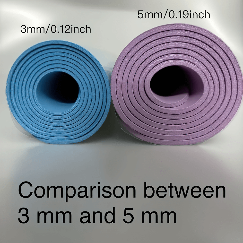 Comparison of non-slip yoga mats in 3mm and 5mm thickness, showcasing texture and grip.