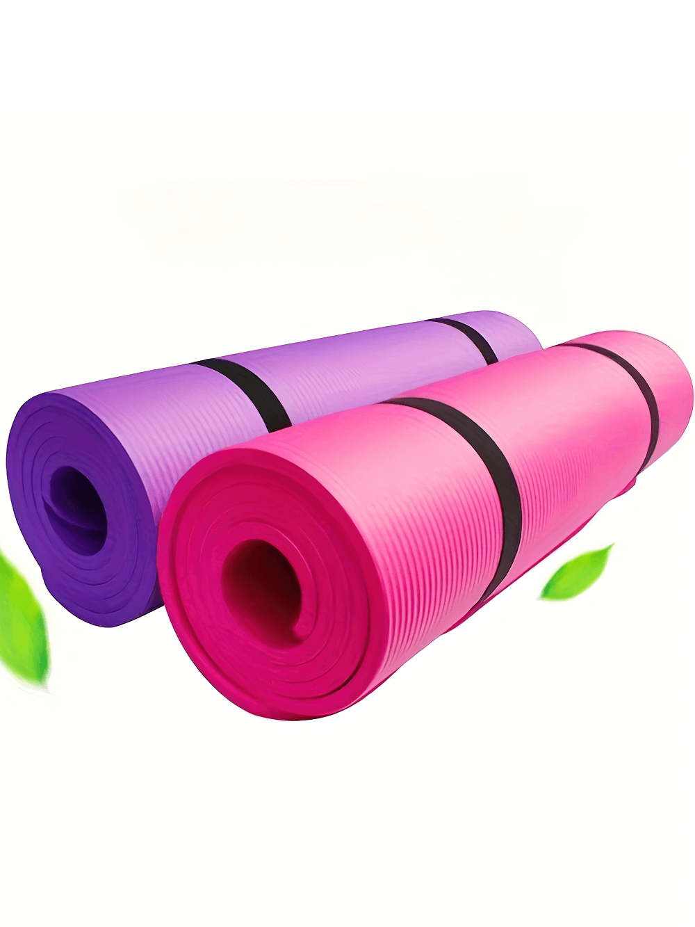 Purple and pink non-slip EVA yoga mats for Pilates and workouts, rolled up with black straps, durable and textured for stability.